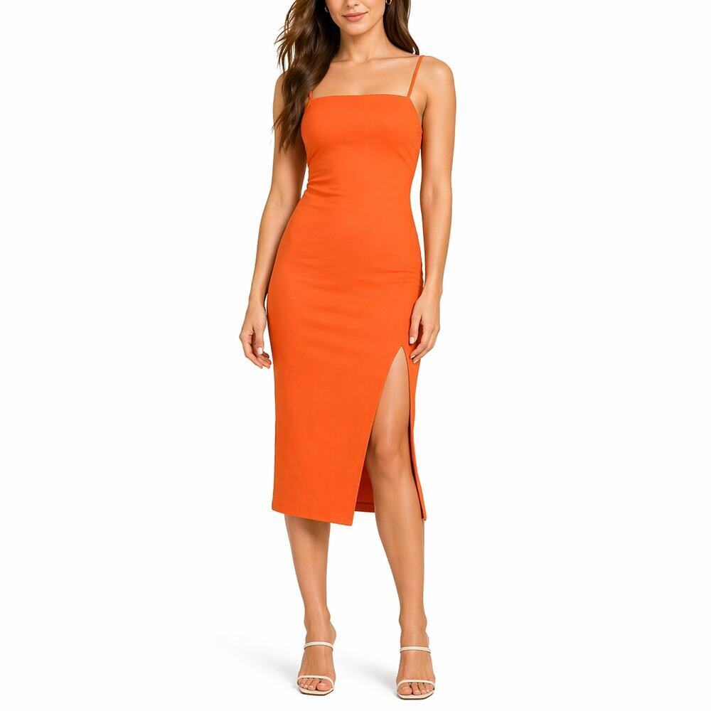 Susana Monaco Bright Orange Side Slit Midi Dress Size M